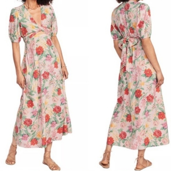 NWT Old Navy Linen Blend Twist Front Floral Midi Dress Pink Green Garden Party L - Picture 4 of 15